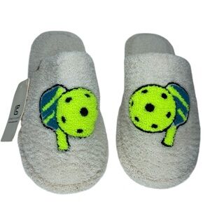 NWT Comfy Luxe Cozy Slippers Neon Green Pickleball Design Gift Ready Size Lg